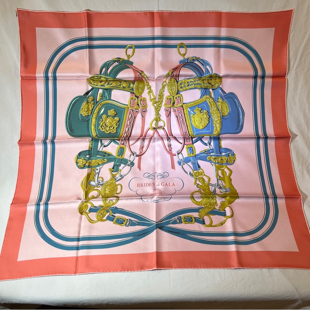 Hermes Brides de Gala 90cm silk scarf, double face, blue and pink, brand new.